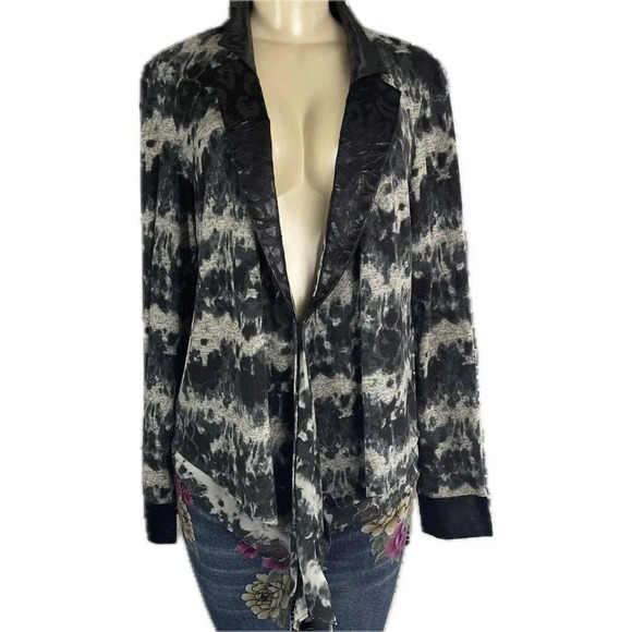 Alberto Makali L Black-Gray Print Draped Faux Leather Trim Long Sleeve Jacket - Picture 2 of 6